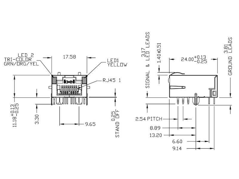 BEL Magnetics L829-1J1T-43 MagJack 1 x RJ45 mit LEDs Ultra Low Profile GN-OR-GE/GE 8 Cores-2