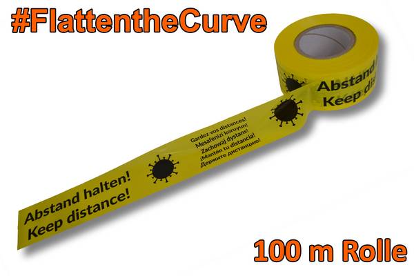 LDPE Absperrband, Corona Absperrband, "Abstand halten" Gelb/Schwarz, 45my, 75mm breit, 100m