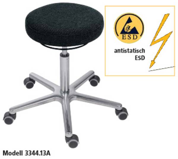 ESD Hocker Modell 3321, Antistatisch, Rollen, Sitzhöhe 410-540mm, PU-Sitz, Schwarz