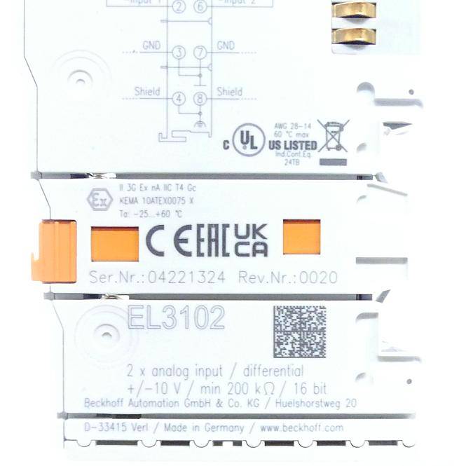 Beckhoff EL3102 EtherCAT-Klemme 2-Kanal-Analog-Eingang Spannung ±10 V-1