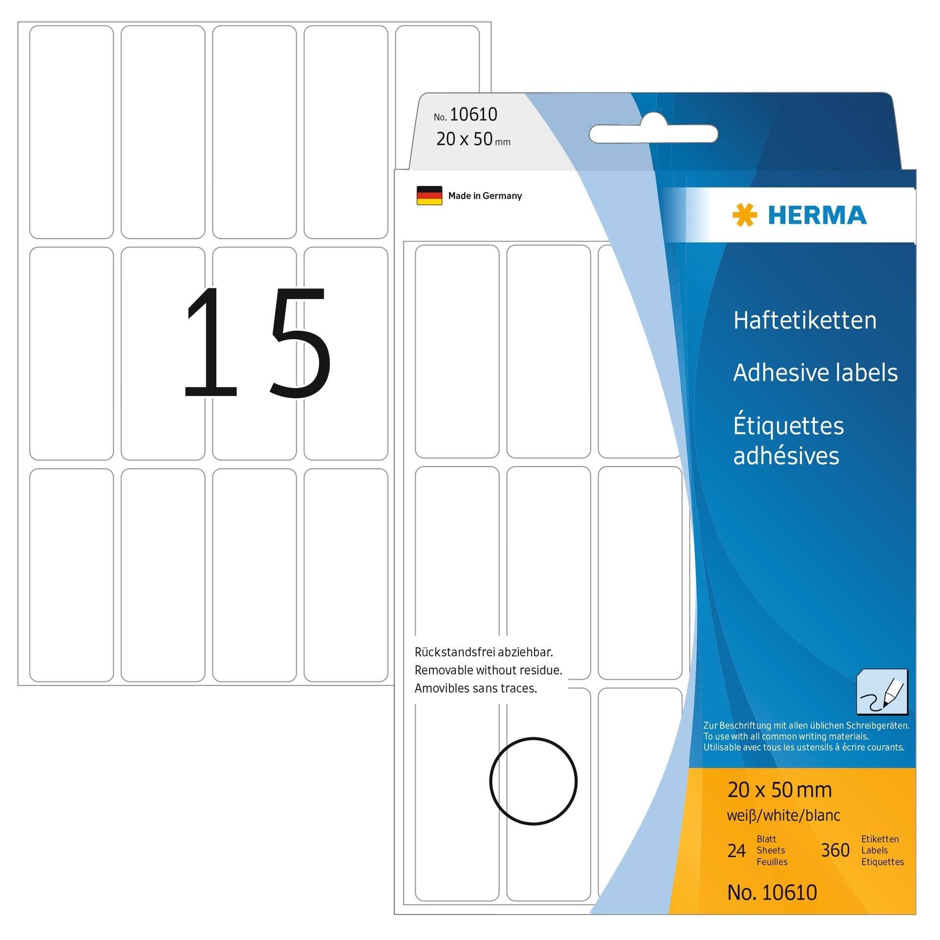 HERMA Movables - Matt - selbstklebend, entfernbarer Klebstoff - weiß - 20 x 50 mm 480 Etikett(en) (32 Bogen x 15)-9