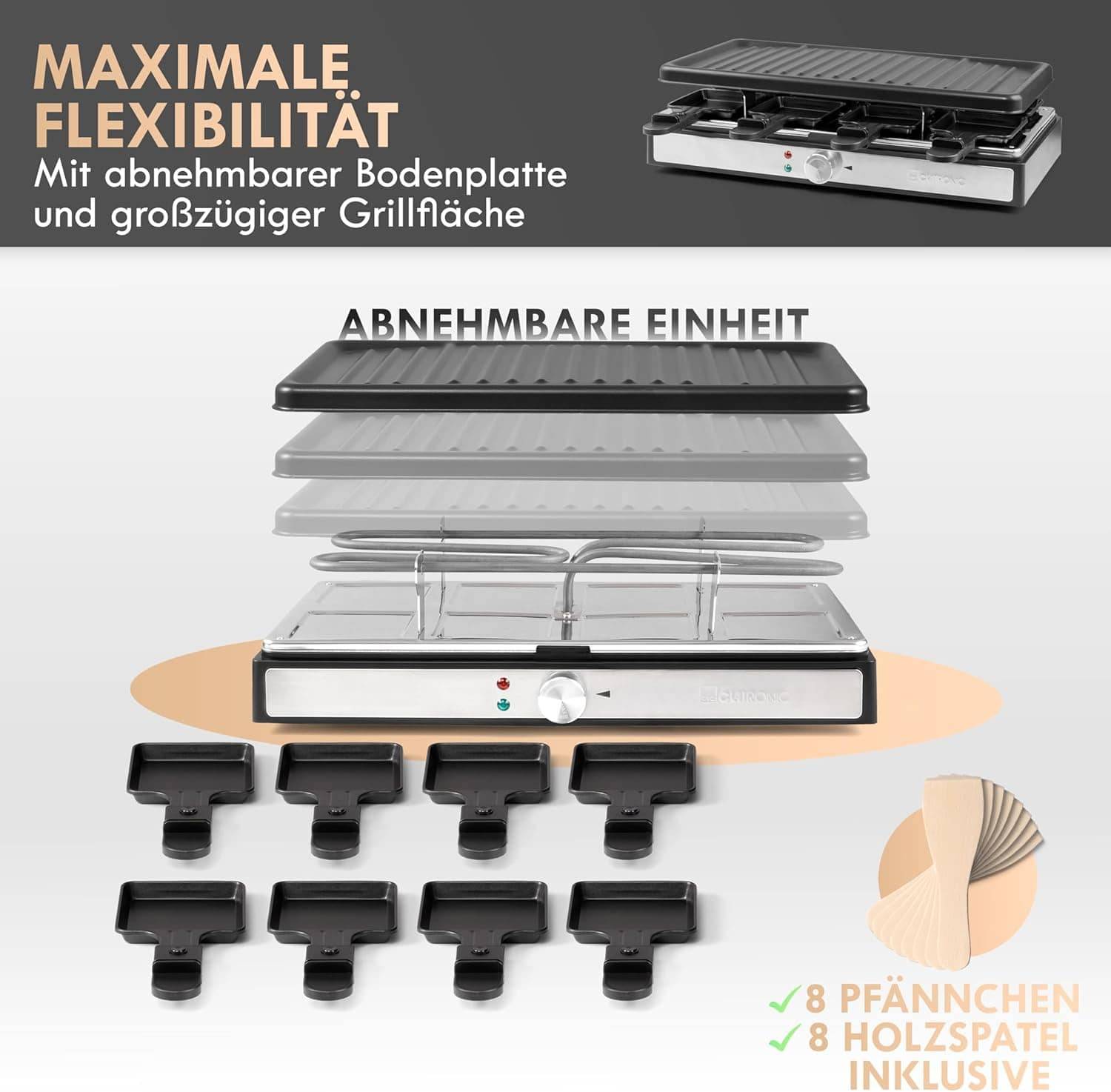 Symbolbild für Clatronic Raclette-Grill RG 3757 schwarz, 8 Pfännchen, antihaftbeschichtet