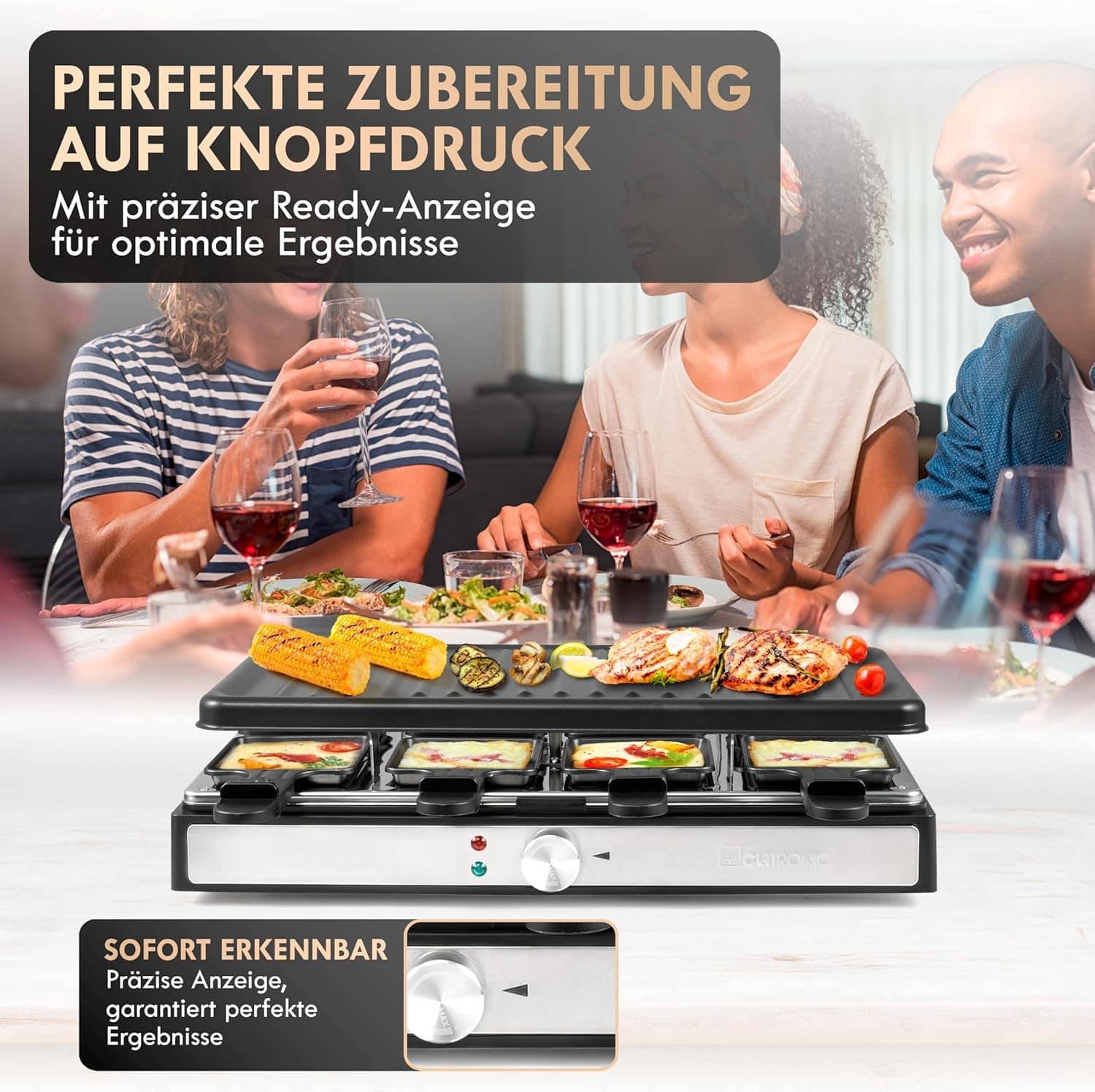 Symbolbild für Clatronic Raclette-Grill RG 3757 schwarz, 8 Pfännchen, antihaftbeschichtet