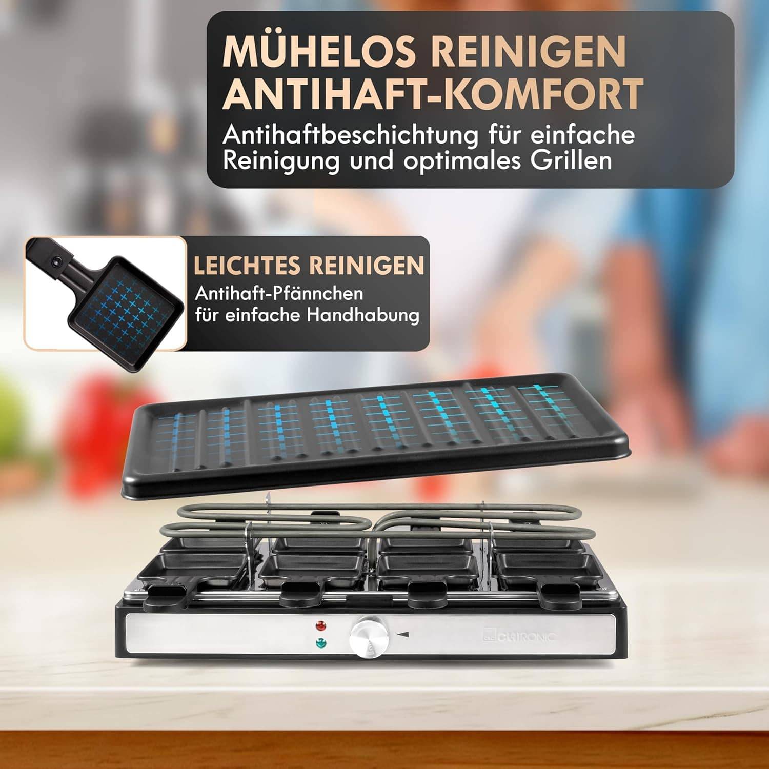 Symbolbild für Clatronic Raclette-Grill RG 3757 schwarz, 8 Pfännchen, antihaftbeschichtet