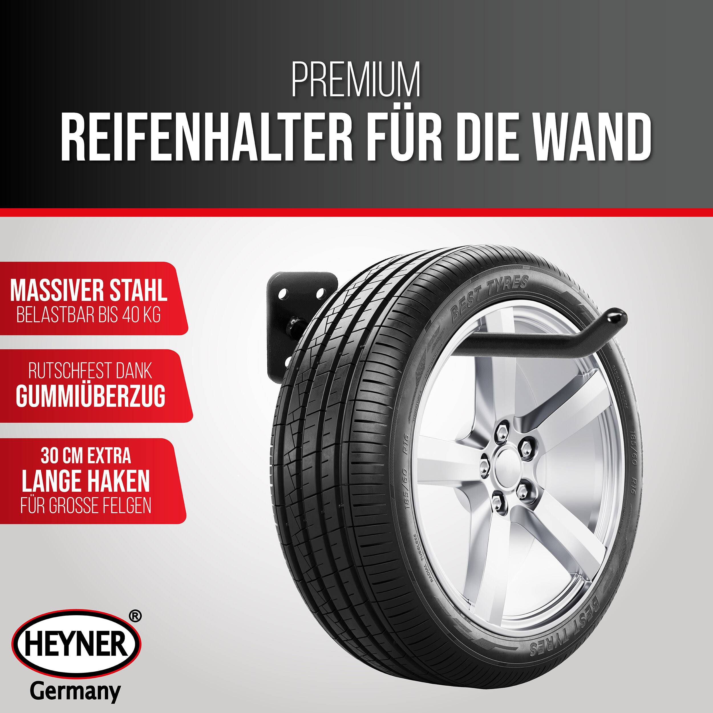 HEYNER® Reifenhalter Wandhalterung für Felgen aus massivem Stahl 4er Set Inklusive 12 Sechskant-Expansionsschrauben,-1