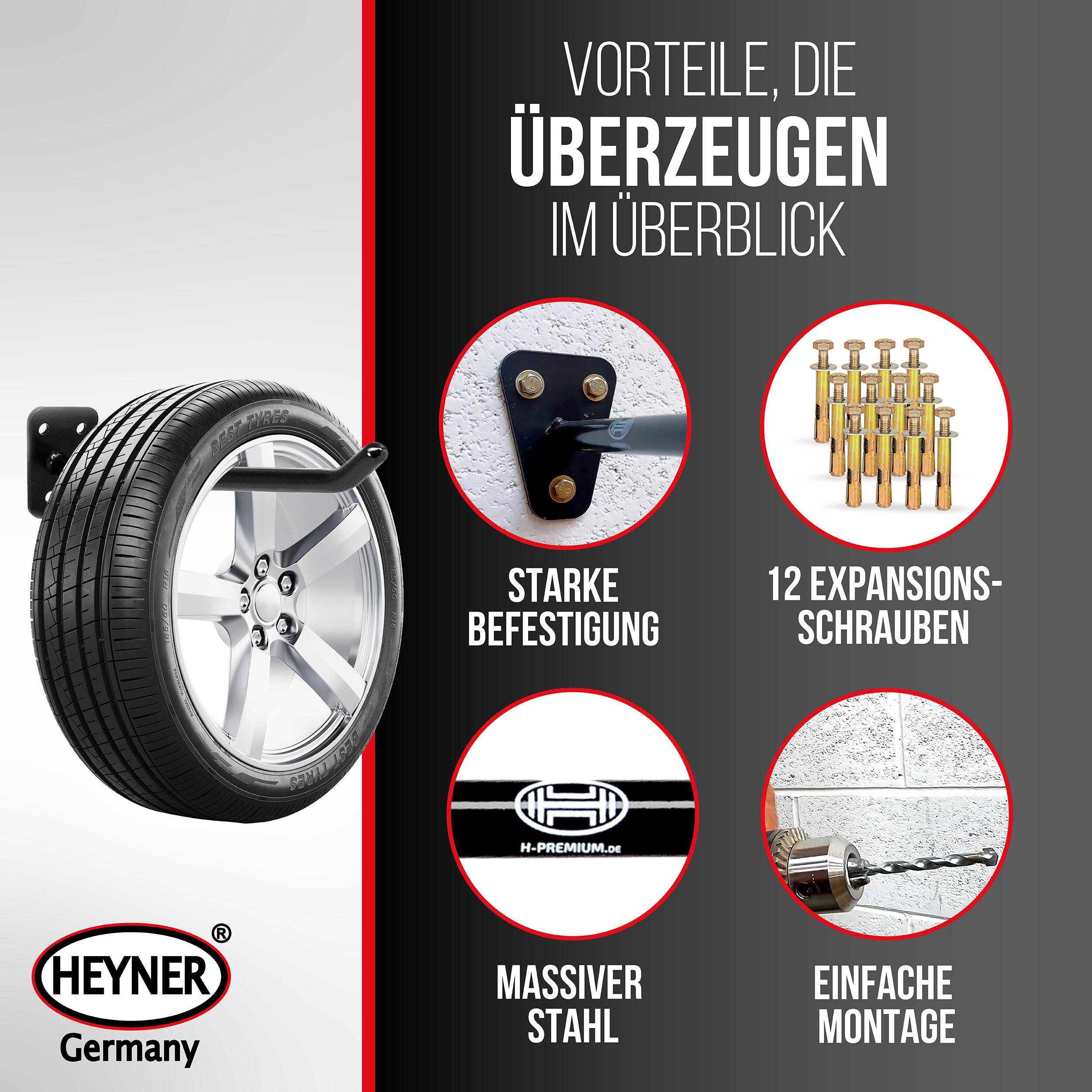 HEYNER® Reifenhalter Wandhalterung für Felgen aus massivem Stahl 4er Set Inklusive 12 Sechskant-Expansionsschrauben,-3