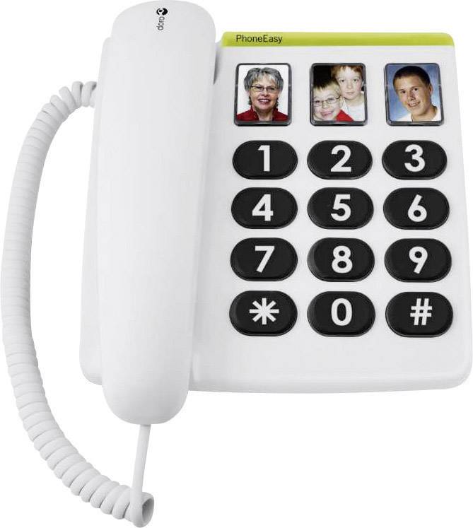 Weiße Festnetztelefon mit großen Tasten, Fotos über den Nummerntasten für Kurzwahl. Entworfen für einfache Bedienung.