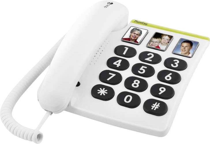 Weißes Seniorentelefon mit großen, schwarzen Tasten. Drei Fototasten oben rechts ermöglichen das schnelle Anrufen von gespeicherten Kontakten.