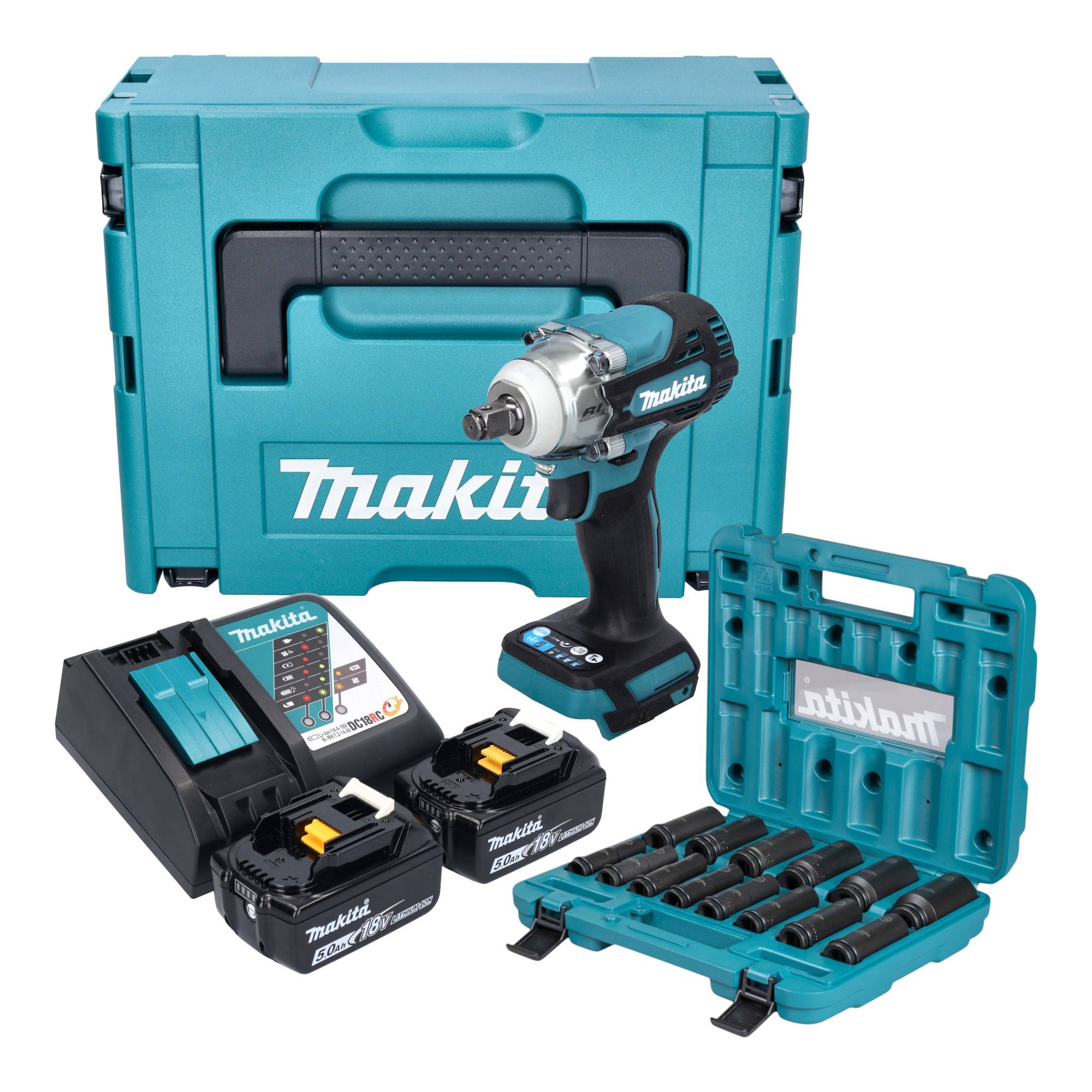 Makita DTW 300 TJX7 Akku Schlagschrauber 18 V 330 Nm 1/2" + 2x Akku 5,0Ah + Lader + Steckschlüssel Set 14 tlg. + Makpac-0