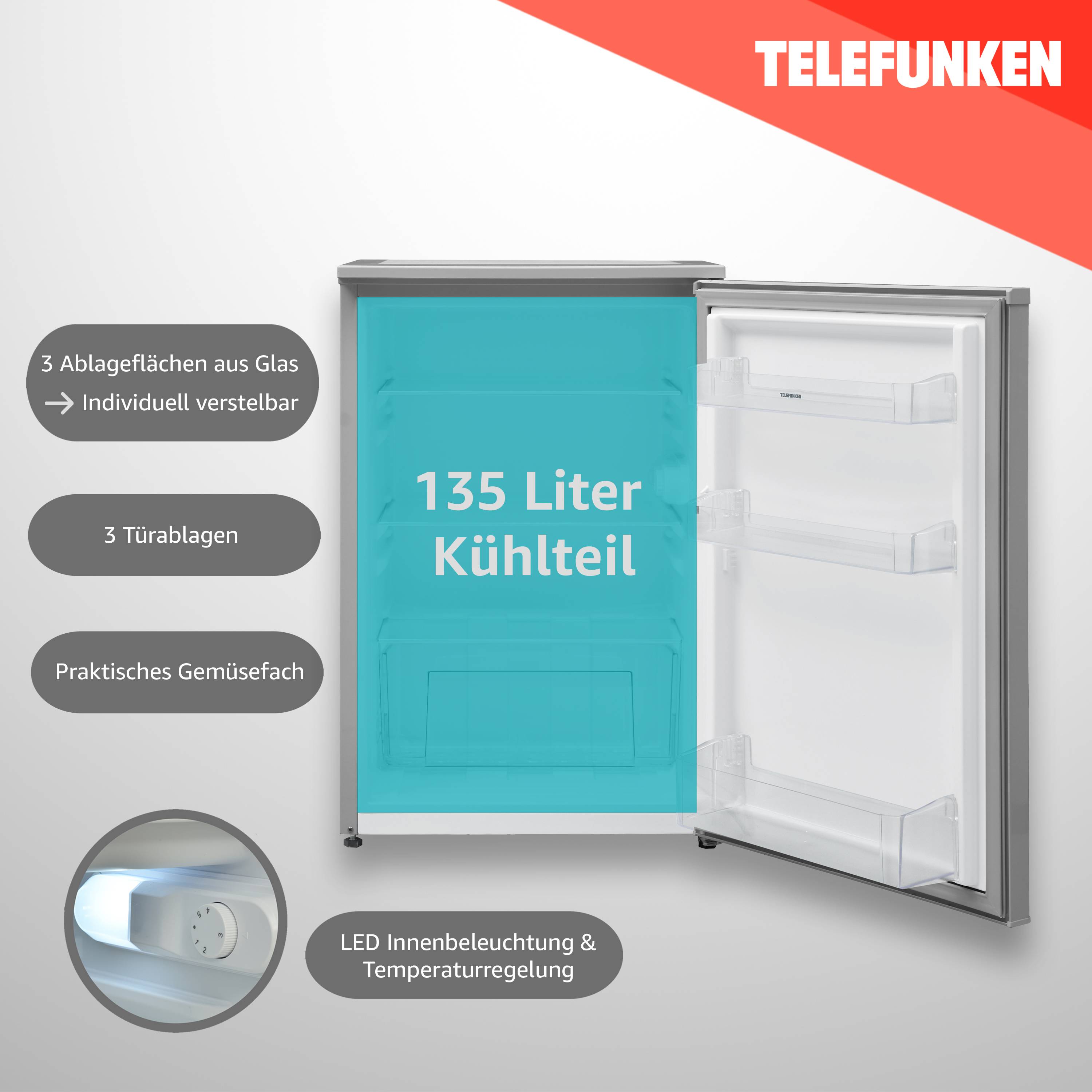 Telefunken Kühlschrank ohne Gefrierfach freistehend | 135 Liter | Kühlschrank klein mit Gemüsefach | C-135-100-S silber-2