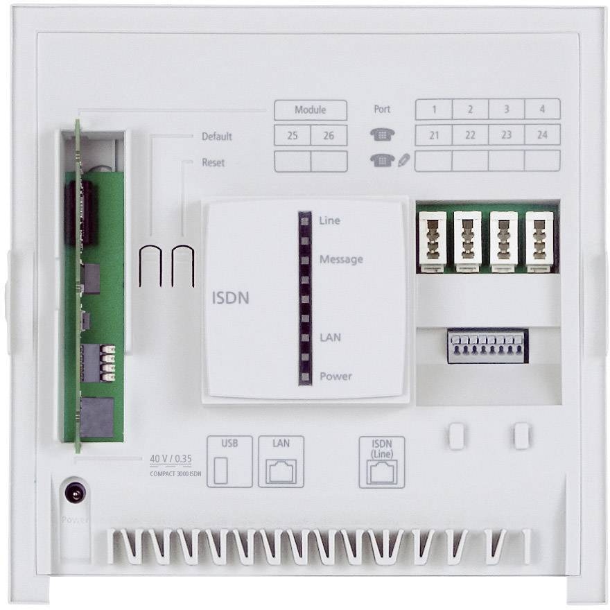 Ein ISDN-Steuergerät mit Anschlüssen und Statusanzeigen für Linie, Nachricht, LAN und Stromversorgung. Oben Ports von 21 bis 26.