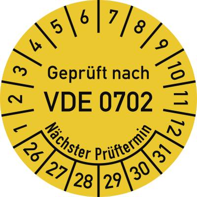 Prüfplakette VDE 0702 Nächster Prüft., 2026-2031, Dokumentenf., Ø30mm, 10 St./Bo.-0