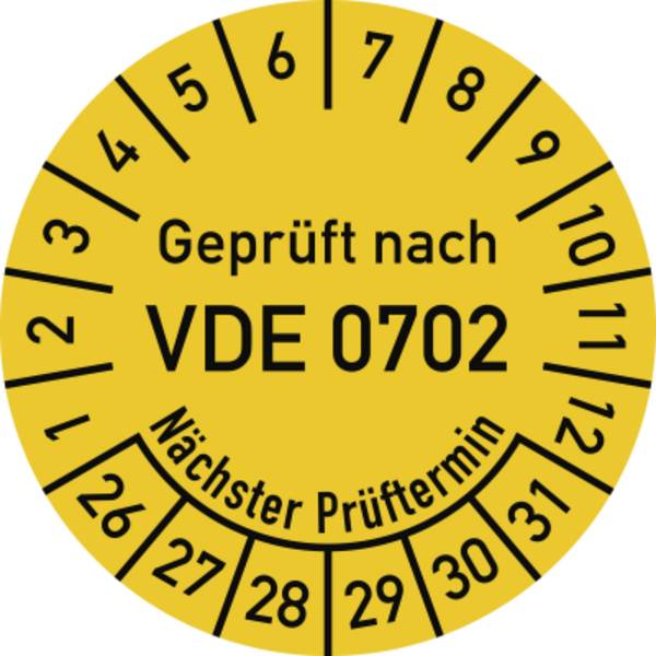 Prüfplakette VDE 0702 Nächster Prüft., 2026-2031, Dokumentenf., Ø30mm, 10 St./Bo.
