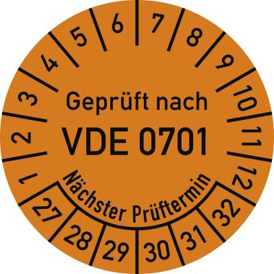Prüfplakette VDE 0701 Nächster Prüft., 2027-2032, Dokumentenf., Ø30mm, 10 St./Bo.-0