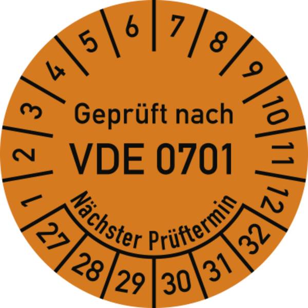 Prüfplakette VDE 0701 Nächster Prüft., 2027-2032, Dokumentenf., Ø30mm, 10 St./Bo.
