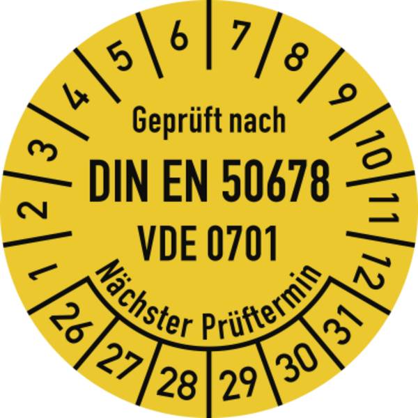 Prüfplakette DIN EN 50678 Nächster P., 2026-2031, Dokumentenf., Ø30mm, 10 St./Bo.
