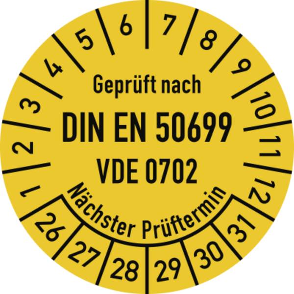 Prüfplakette DIN EN 50699 Nächster P., 2026-2031, Dokumentenf., Ø30mm, 10 St./Bo.