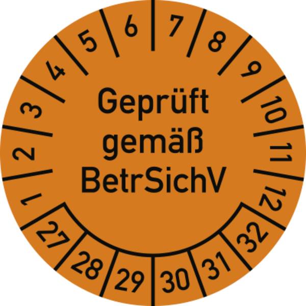 Prüfplakette Geprüft gemäß BetrSichV, 2027-2032, Dokumentenfolie, Ø30 mm, 10 St./Bo.