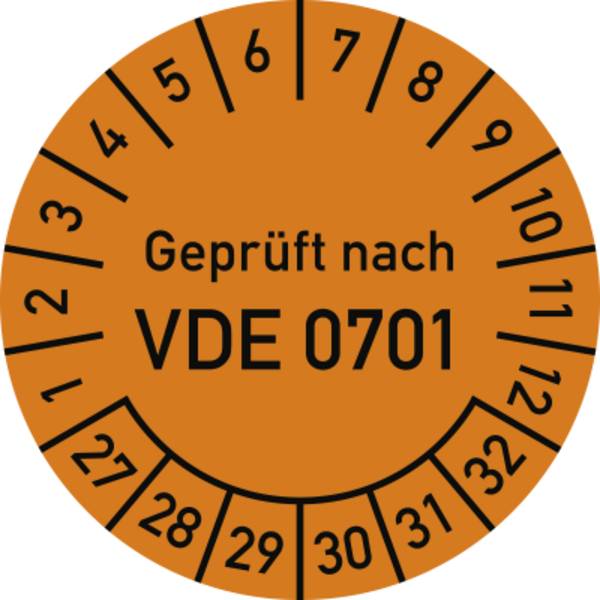 Prüfplakette Geprüft nach VDE 0701, 2027-2032, Dokumentenf., Ø 30mm, 10 St./Bo.