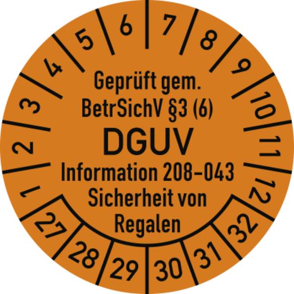 Prüfplakette BetrSichV §3 (6) DGUV 208-043, 2027-2032, Folie, Ø 30mm, 10 St./Bo.