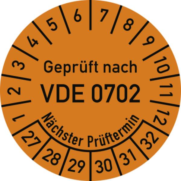 Prüfplakette VDE 0702 Nächster Prüft., 2027-2032, Dokumentenf., Ø30mm, 10 St./Bo.