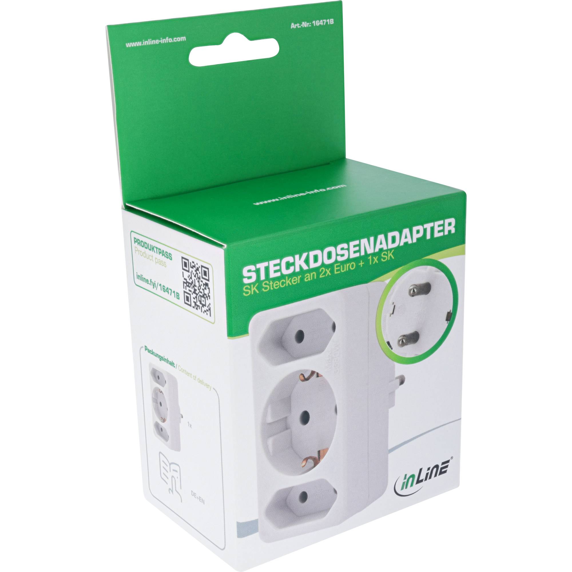 InLine® Steckdosenadapter, Schutzkontakt Stecker an 2x Euro + 1x SK, weiß-3
