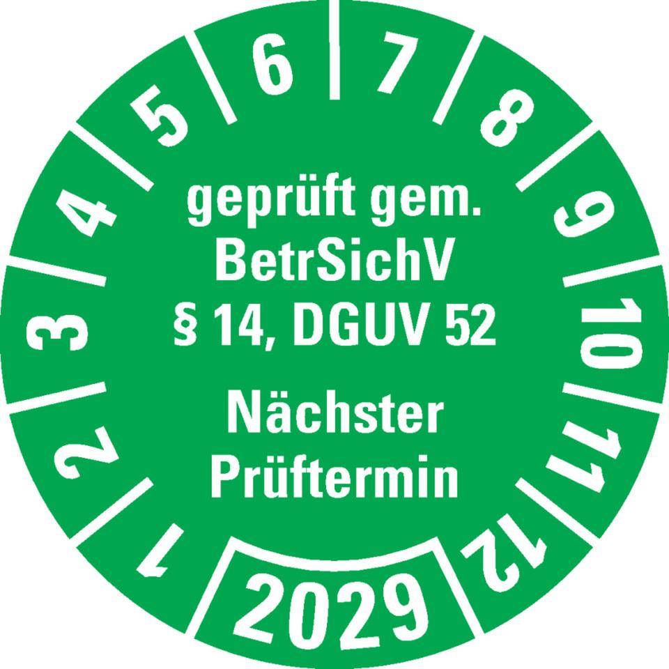 Prüfplakette BetrSichV §14, DGUV52, Nächster Prüftermin, 2029, grün, Folie, Spezialkleber, Ø30mm, 18/Bogen-0