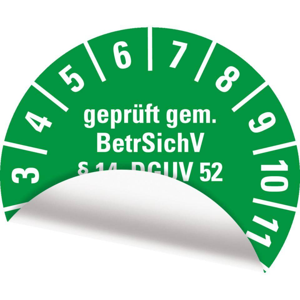 Prüfplakette BetrSichV §14, DGUV52, Nächster Prüftermin, 2029, grün, Folie, Spezialkleber, Ø30mm, 18/Bogen-2