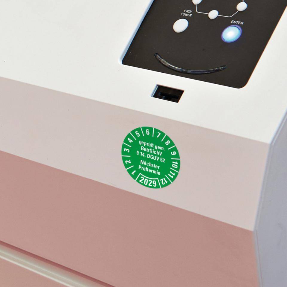 Prüfplakette BetrSichV §14, DGUV52, Nächster Prüftermin, 2029, grün, Folie, Spezialkleber, Ø30mm, 18/Bogen-3