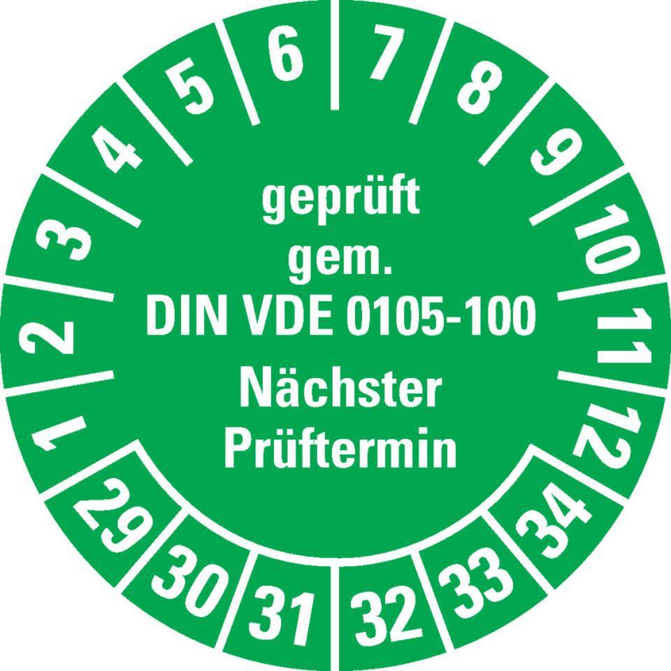 Prüfplakette geprüft gemäß VDE 0105-100, 29-34, grün, Dokumentenfolie, Ø 30mm, 18/Bogen-0