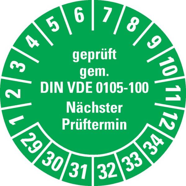 Prüfplakette geprüft gemäß VDE 0105-100, 29-34, grün, Dokumentenfolie, Ø 30mm, 18/Bogen