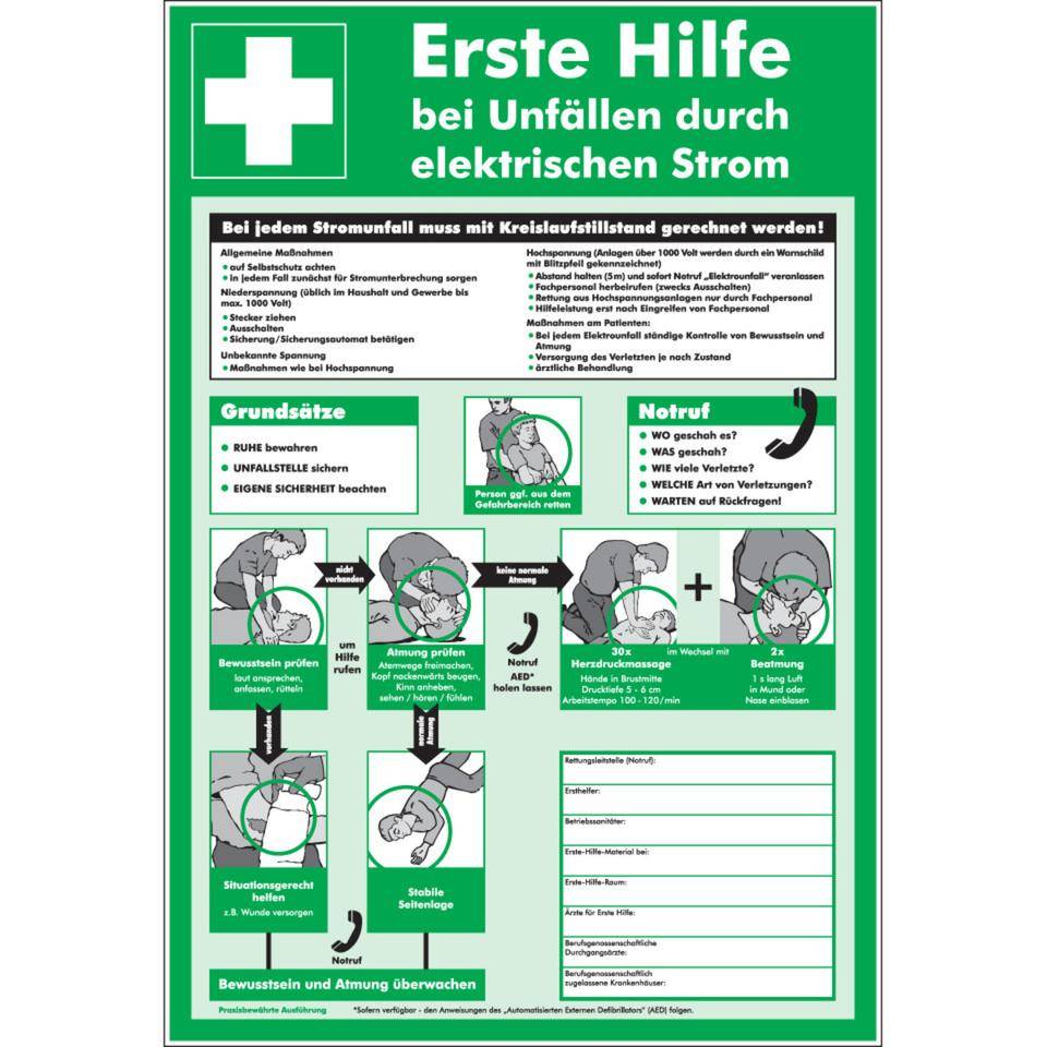 Aushang Erste Hilfe bei Unfällen durch elektrischen Strom, Kunststoff, 575x395mm-0