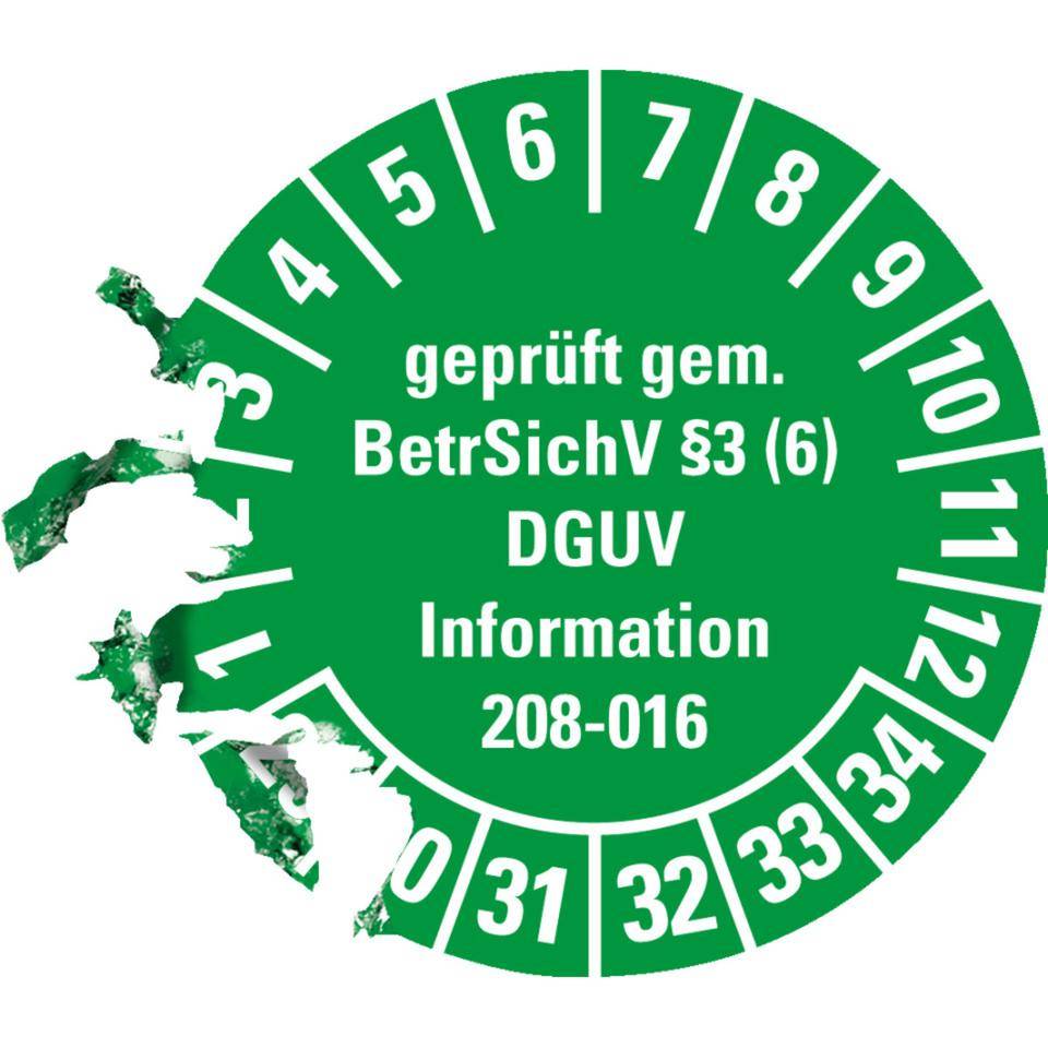Prüfplakette geprüft gemäß BetrSichV §3(6)DGUV, 29-34, grün, Dokumentenfolie, Ø 30mm, 18/Bogen-3