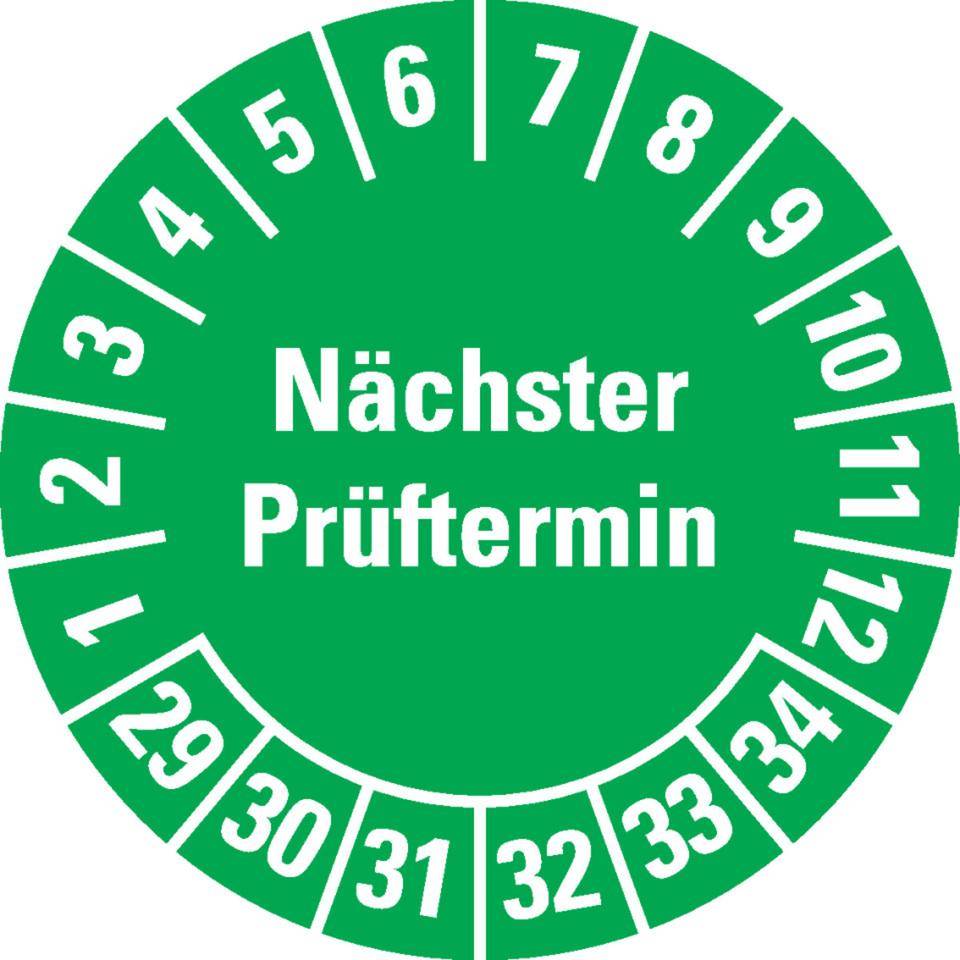 Prüfplakette Nächster Prüftermin, 29-34, grün, Folie, ablösbar, Ø20mm, 36/Bogen