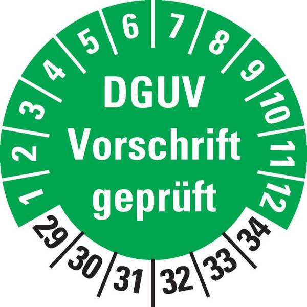 Prüfplakette DGUV Vorschrift geprüft, 29-34, grün, Dokumentenfolie, Ø 30mm, 18/Bogen