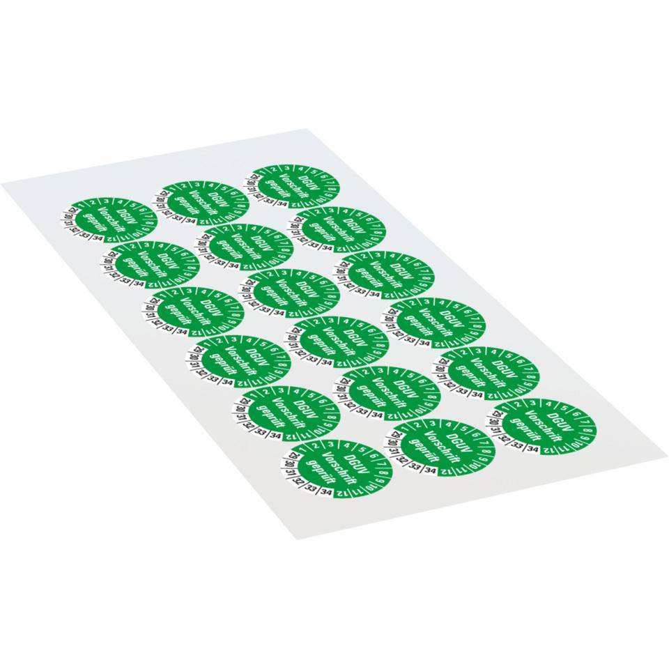 Prüfplakette DGUV Vorschrift geprüft, 29-34, grün, Dokumentenfolie, Ø 30mm, 18/Bogen-1