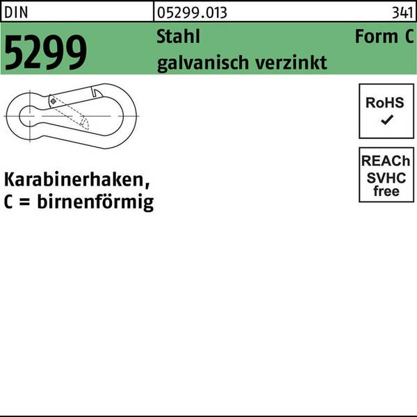 Feuerwehrkarabinerhaken DIN 5299 FormC birnenförmig C 100x10 Sta galv.verz. 50St