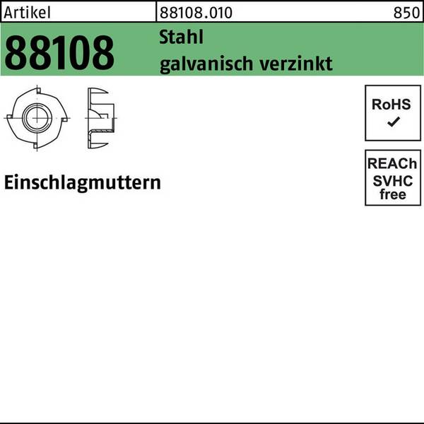 Einschlagmutter R 88108 M6x12x 7,5 Stahl galv.verz. 200 Stück