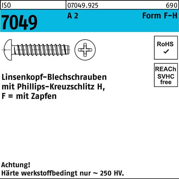 Blechschraube ISO 7049 LIKO Spitze/PH 3,5x 13 -F-H A 2 1000Stück