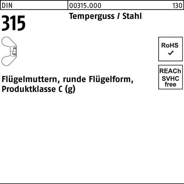 Flügelmutter DIN 315 runde FormM5 Temperguss 100 Stück