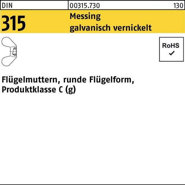 Flügelmutter DIN 315 runde FormM8 Messing galv. vernickelt 100 Stück