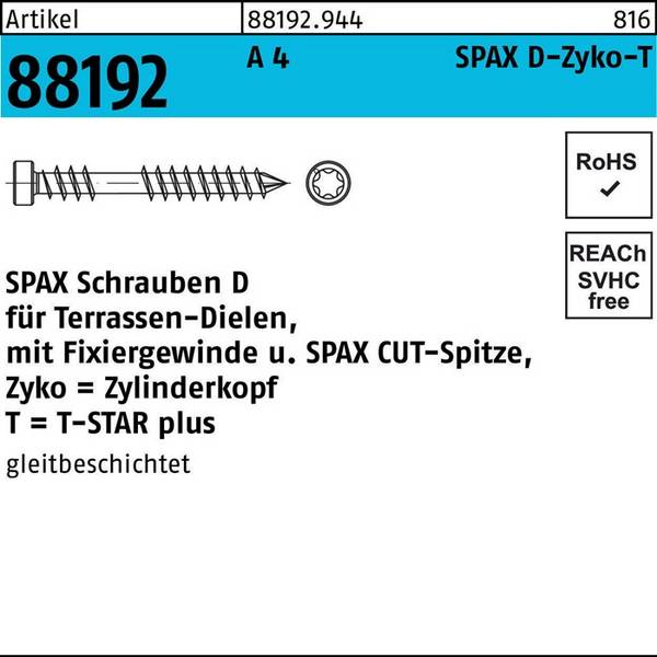 Holzbauschraube R 88192 ZYLKO T-STAR 6x100/40-T A 4 CUT-Sp. 100St. SPAX