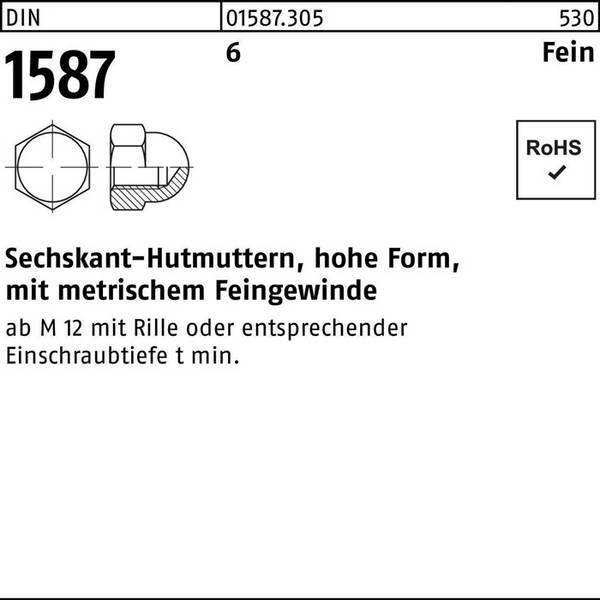 Sechskanthutmutter DIN 1587 M12x 1,5 SW 19 6 hohe FormFeingew. 50 Stück