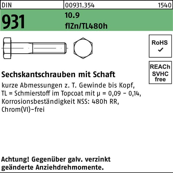 Sechskantschraube DIN 931 m.Schaft M 24x170 10.9 flZnnc 480h-L 10St.-0