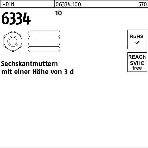 Sechskantmutter DIN 6334 M8 SW 13 10 100 Stück