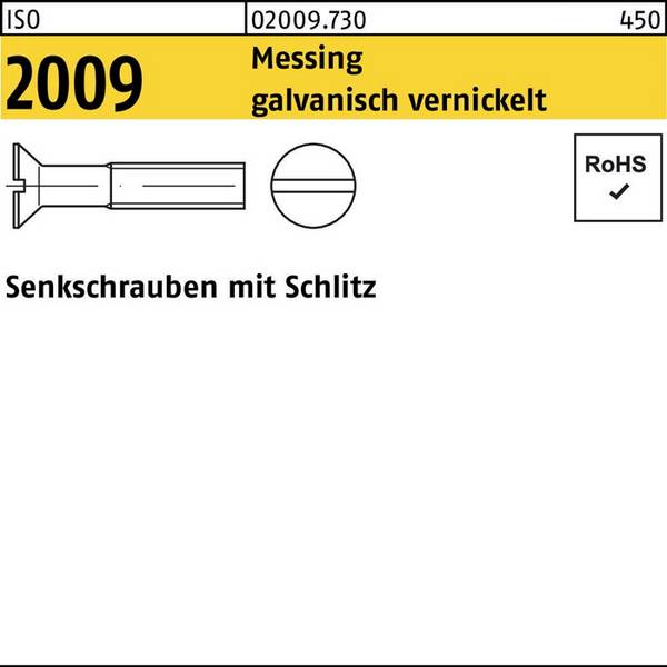 Senkschraube ISO 2009 Schlitz M4x 16 Messing galv. vernickelt 200 Stück
