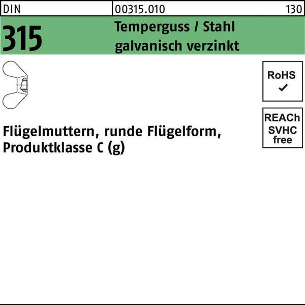 Flügelmutter DIN 315 runde FormM4 Temperguss/Stahl galv.verz. 100St.
