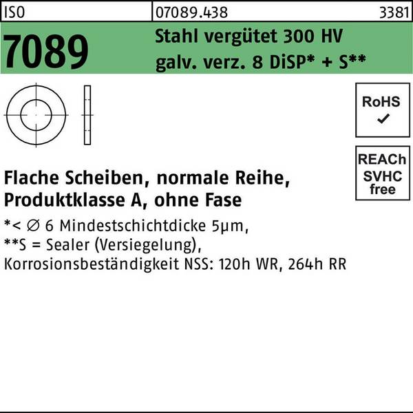 Unterlegscheibe ISO 7089 o.Fase 8 Stahl 200 HV galv.verz. 8 DiSP+S 200 Stück