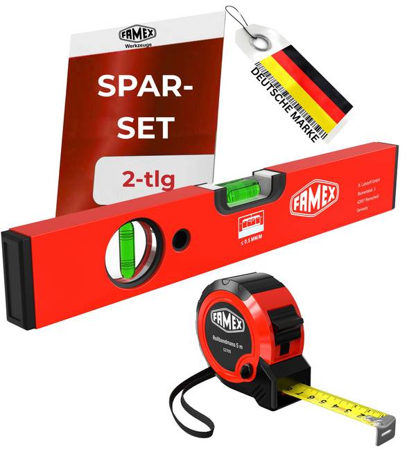 FAMEX 12811 Messwerkzeuge Set mit Rollbandmaß mit Stopper, 5m und magnetischer Wasserwaage