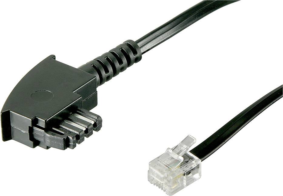 Ein schwarzes Telefonkabel mit einem TAE-F Stecker links und einem RJ11-Stecker rechts, auf weißem Hintergrund.